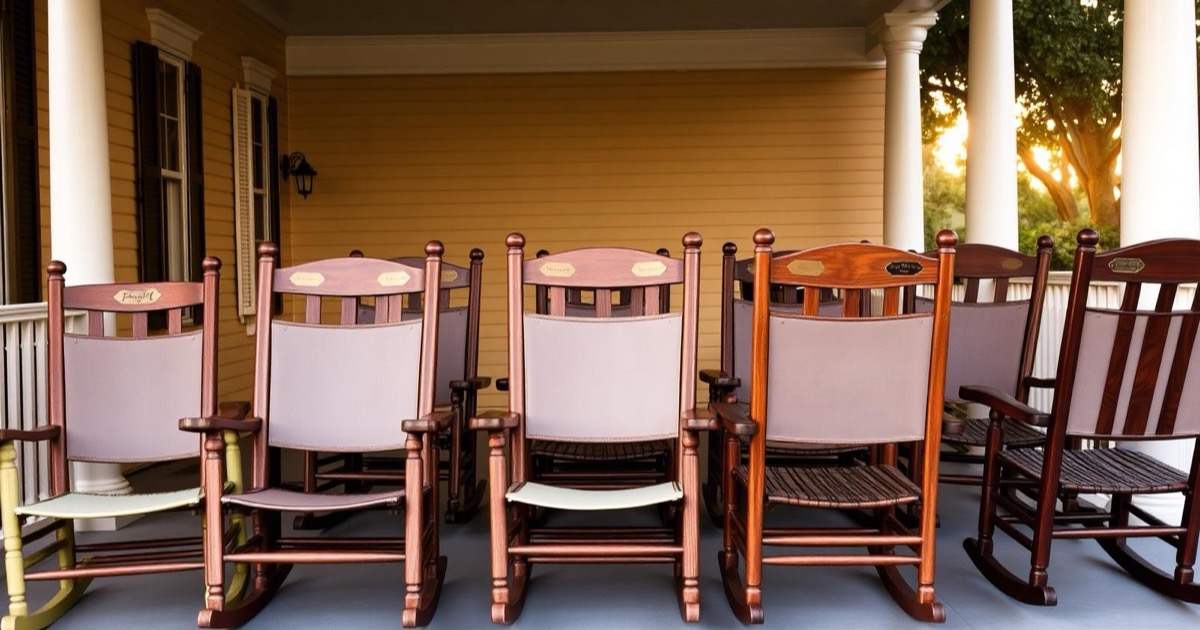 Rocking chairs lined up on a Southern veranda.