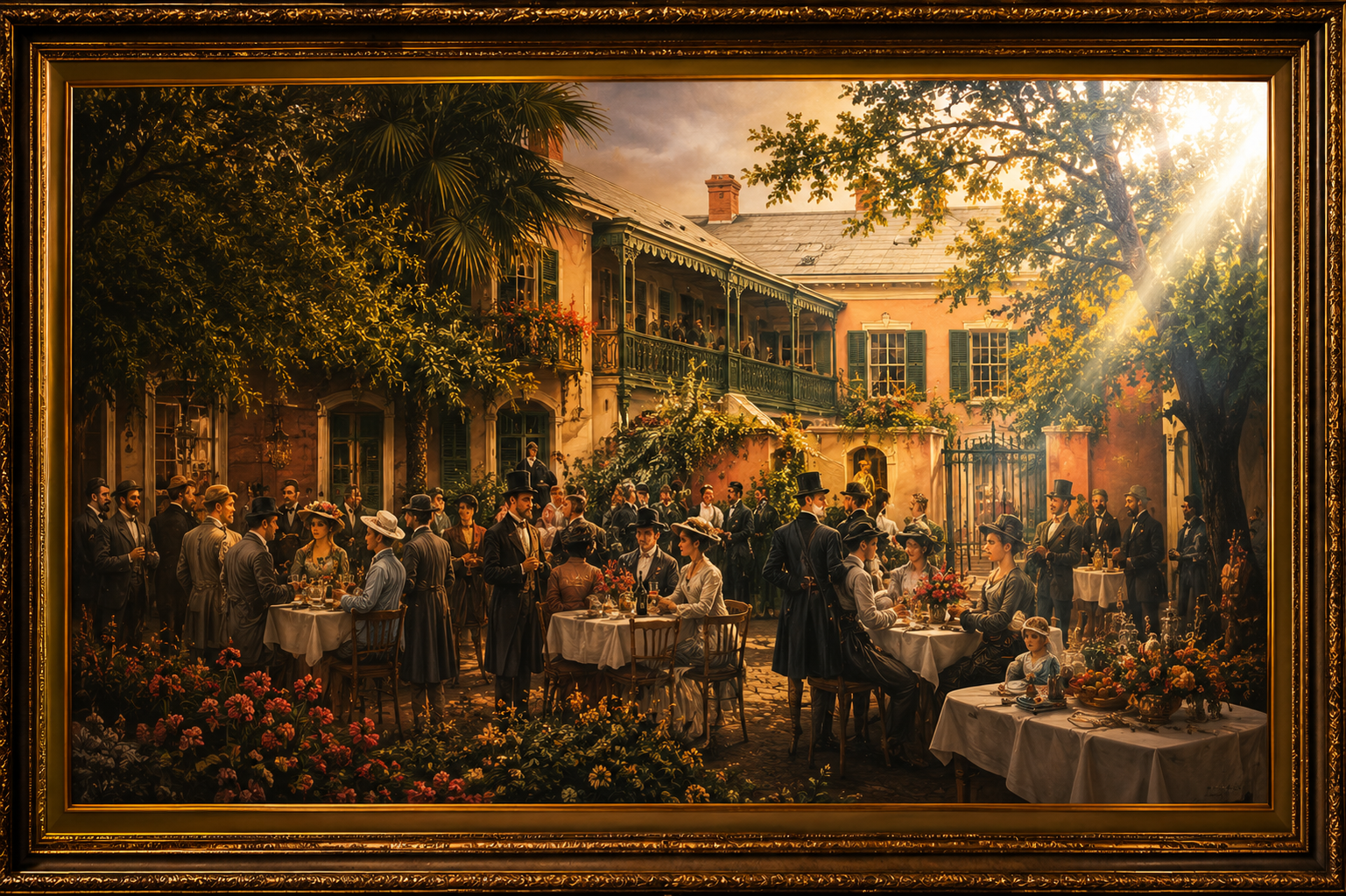 Painting of a lively garden party beside a galleried house.