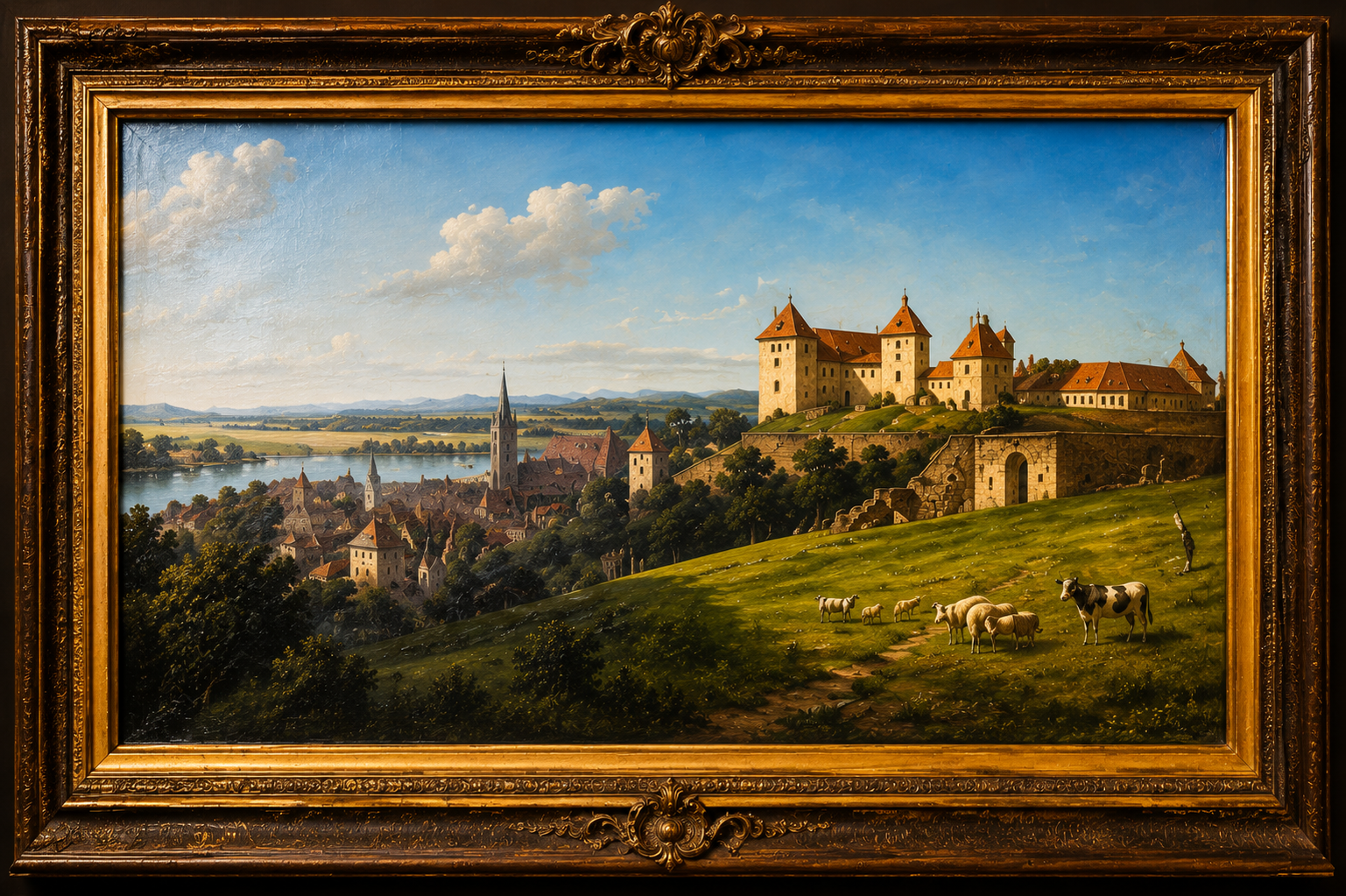 Landscape painting of a hilltop castle above a river town.