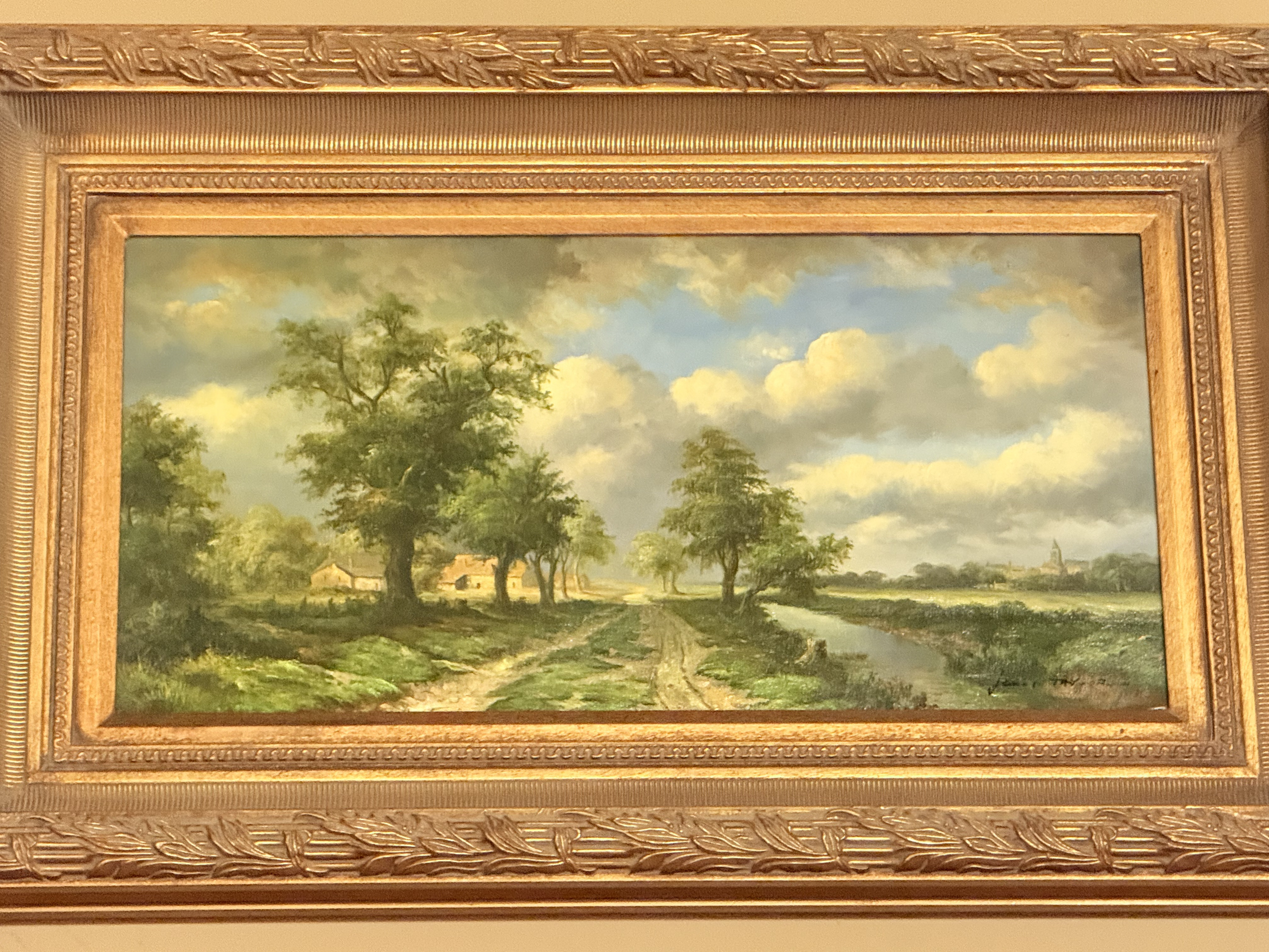 Pastoral painting of trees along a country road.