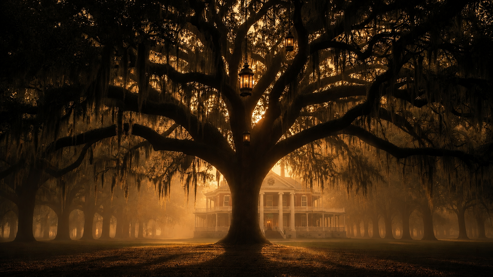 A massive Southern live oak draped in Spanish moss at dawn, the Guest House faintly glowing through the canopy.