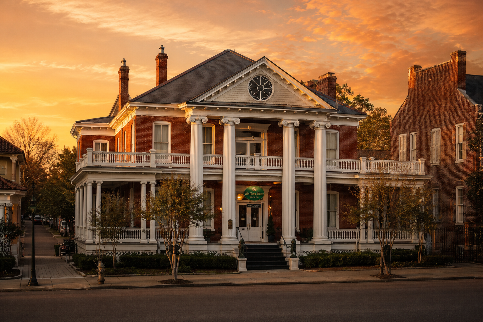 The Guest House mansion at golden hour, framed by oak trees, warm light glowing from the gallery windows.