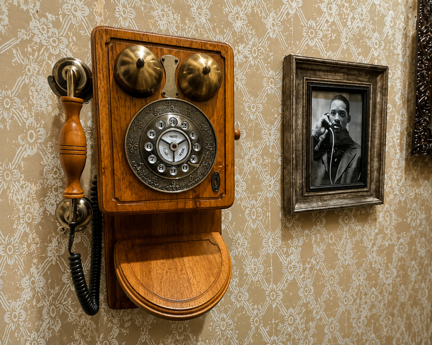 A vintage wooden telephone booth tucked into the mansion hallway, glowing with a single Edison bulb. - image 1