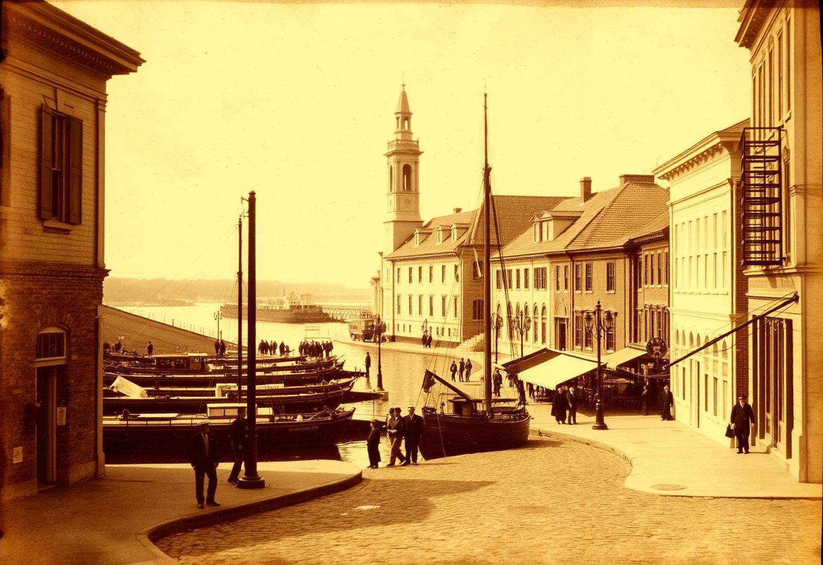 An illustrated impression of a nineteenth-century river town.